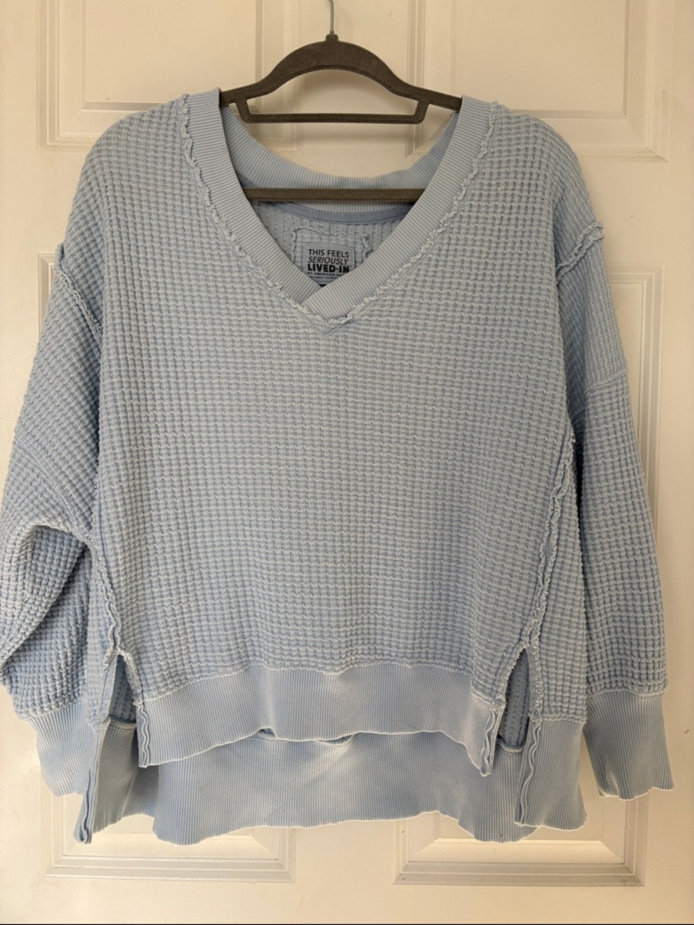 MUSY GO! AE Light Blue Oversized/Off the shoulder V-Neck Waffle Knit Sweater